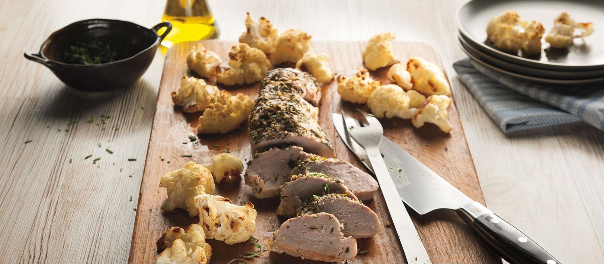 Lomo de cerdo y coliflor asada