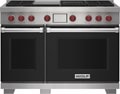 Wolf 48" 4 Burner Dual Fuel Range with Infrared Charbroiler and Griddle (DF48450CG/BK/P) featuring black accent colored door and signature red Wolf knobs.