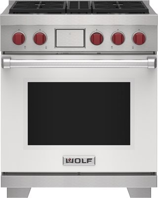 Wolf 30" 4 Burner Dual Fuel Range (DF30450/S/P) featuring white accent colored door and signature red Wolf knobs.