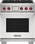 Wolf 30" 4 Burner Dual Fuel Range (DF30450/S/P) featuring white accent colored door and signature red Wolf knobs.