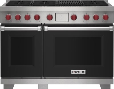 Wolf 48" 6 Burner Dual Fuel Range with Infrared Charbroiler (DF48650C/BK/P) featuring black accent colored door and signature red Wolf knobs.