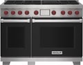 Wolf 48" 6 Burner Dual Fuel Range with Infrared Charbroiler (DF48650C/BK/P) featuring black accent colored door and signature red Wolf knobs.