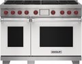Wolf 48" 6 Burner Dual Fuel Range with Infrared Charbroiler (DF48650C/WH/P) featuring white accent colored door and signature red Wolf knobs.