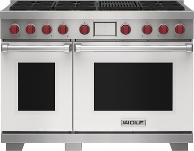Wolf 48" 6 Burner Dual Fuel Range with Infrared Charbroiler (DF48650C/WH/P) featuring white accent colored door and signature red Wolf knobs.