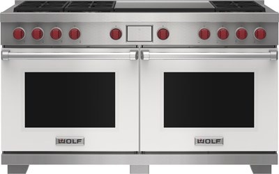 Wolf 60" 6 Burner Dual Fuel Range with Infrared Dual Griddle (DF60650DG/WH/P) featuring white accent colored door and signature red Wolf knobs.