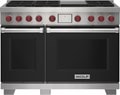Wolf 48" 6 Burner Dual Fuel Range with Infrared Griddle (DF48650G/BK/P) featuring black accent colored door and signature red Wolf knobs.