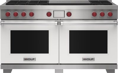 Wolf 60" 6 Burner Dual Fuel Range with French Top (DF60650F/WH/P) featuring white accent colored door and signature red Wolf knobs.