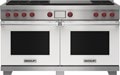 Wolf 60" 6 Burner Dual Fuel Range with French Top (DF60650F/WH/P) featuring white accent colored door and signature red Wolf knobs.