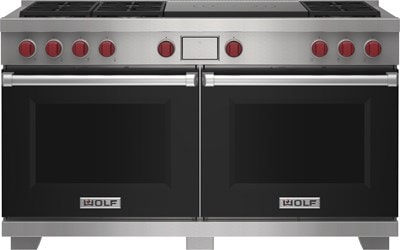 Wolf 60" 6 Burner Dual Fuel Range with French Top (DF60650F/BK/P) featuring black accent colored door and signature red Wolf knobs.