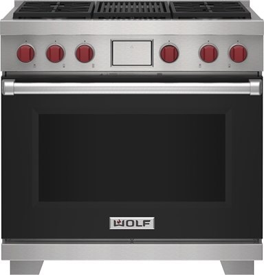 Wolf 36&quot; 4 Burner Dual Fuel Range with Infrared Charbroiler (DF36450C/BK/P) featuring black accent colored door and signature red Wolf knobs.