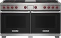 Wolf 60&quot; 6 Burner Dual Fuel Range with Infrared Charbroiler and Griddle (DF60650CG/BK/P) featuring black accent colored door and signature red Wolf knobs.