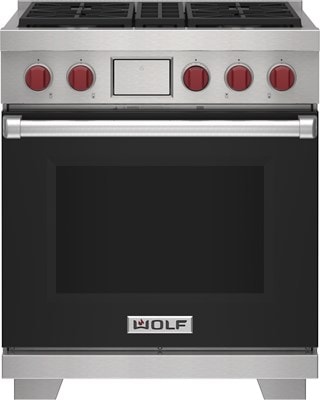 Wolf 30" 4 Burner Dual Fuel Range (DF30450/S/P) featuring black accent colored door and signature red Wolf knobs.