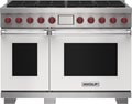 Wolf 48" 8 Burner Dual Fuel Range (DF48850/WH/P) featuring white accent colored door and signature red Wolf knobs.