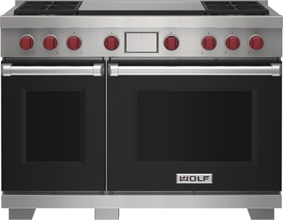 Wolf 48" 4 Burner Dual Fuel Range with Infrared Dual Griddle (DF48450DG/BK/P) featuring black accent colored door and signature red Wolf knobs.