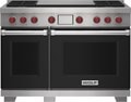 Wolf 48" 4 Burner Dual Fuel Range with Infrared Dual Griddle (DF48450DG/BK/P) featuring black accent colored door and signature red Wolf knobs.