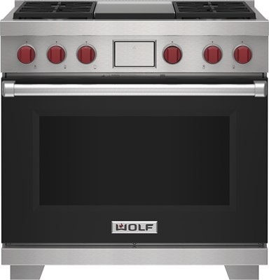 Wolf 36" 4 Burner Dual Fuel Range with Infrared Griddle (DF36450G/BK/P) featuring black accent colored door and signature red Wolf knobs.