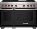 Wolf 48" 6 Burner Dual Fuel Range with Infrared Griddle (DF48650G/BK/P) featuring black accent colored door and signature red Wolf knobs.