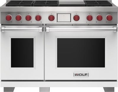 Wolf 48" 6 Burner Dual Fuel Range with Infrared Griddle (DF48650G/WH/P) featuring white accent colored door and signature red Wolf knobs.