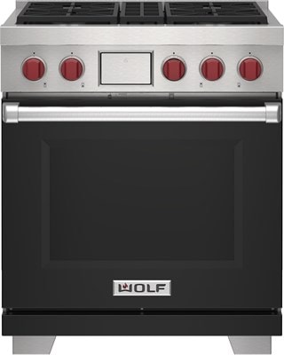 Wolf 30" 4 Burner Dual Fuel Range (DF30450/S/P) featuring black accent colored door and signature red Wolf knobs.
