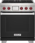 Wolf 30" 4 Burner Dual Fuel Range (DF30450/S/P) featuring black accent colored door and signature red Wolf knobs.