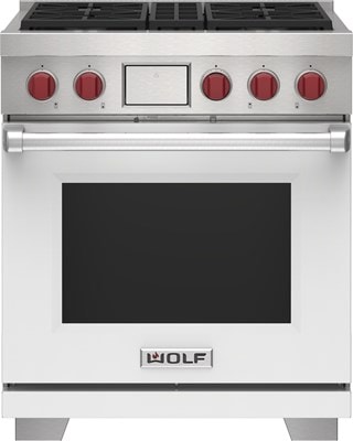 Wolf 30" 4 Burner Dual Fuel Range (DF30450/S/P) featuring white accent colored door and signature red Wolf knobs.