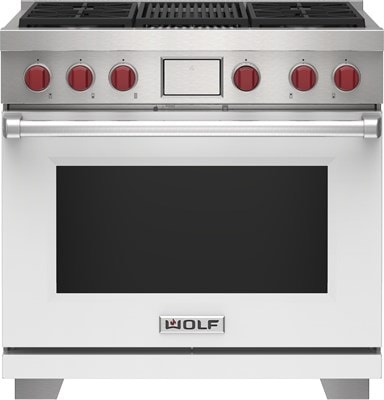 Wolf 36" 4 Burner Dual Fuel Range with Infrared Charbroiler (DF36450C/WH/P) featuring white accent colored door and signature red Wolf knobs.