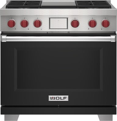 Wolf 36" 4 Burner Dual Fuel Range with Infrared Griddle (DF36450G/BK/P) featuring black accent colored door and signature red Wolf knobs.