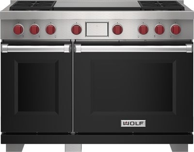 Wolf 48" 4 Burner Dual Fuel Range with Infrared Dual Griddle (DF48450DG/BK/P) featuring black accent colored door and signature red Wolf knobs.