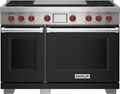 Wolf 48" 4 Burner Dual Fuel Range with Infrared Dual Griddle (DF48450DG/BK/P) featuring black accent colored door and signature red Wolf knobs.
