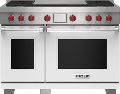 Wolf 48" 4 Burner Dual Fuel Range with Infrared Dual Griddle (DF48450DG/WH/P) featuring white accent colored door and signature red Wolf knobs.