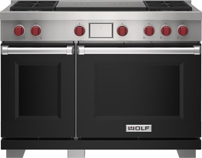 Wolf 48" 4 Burner Dual Fuel Range with French Top (DF48450F/BK/P) featuring black accent colored door and signature red Wolf knobs.