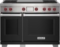 Wolf 48" 4 Burner Dual Fuel Range with French Top (DF48450F/BK/P) featuring black accent colored door and signature red Wolf knobs.