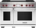 Wolf 48" 4 Burner Dual Fuel Range with French Top (DF48450F/WH/P) featuring white accent colored door and signature red Wolf knobs.
