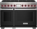 Wolf 48" 8 Burner Dual Fuel Range (DF48850/BK/P) featuring black accent colored door and signature red Wolf knobs.