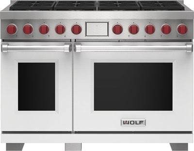 Wolf 48" 8 Burner Dual Fuel Range (DF48850/WH/P) featuring white accent colored door and signature red Wolf knobs.