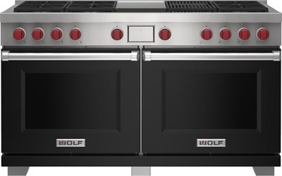 Wolf 60" 6 Burner Dual Fuel Range with Infrared Charbroiler and Griddle (DF60650CG/BK/P) featuring black accent colored door and signature red Wolf knobs.