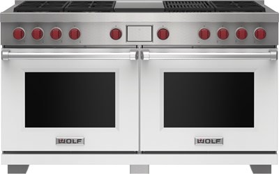 Wolf 60" 6 Burner Dual Fuel Range with Infrared Charbroiler and Griddle (DF60650CG/WH/P) featuring white accent colored door and signature red Wolf knobs.