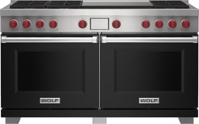 Wolf 60" 6 Burner Dual Fuel Range with Infrared Dual Griddle (DF60650DG/BK/P) featuring black accent colored door and signature red Wolf knobs.