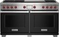 Wolf 60" 6 Burner Dual Fuel Range with Infrared Dual Griddle (DF60650DG/BK/P) featuring black accent colored door and signature red Wolf knobs.