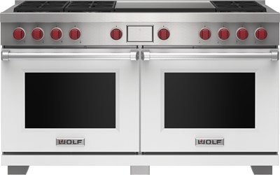 Wolf 60" 6 Burner Dual Fuel Range with Infrared Dual Griddle (DF60650DG/WH/P) featuring white accent colored door and signature red Wolf knobs.