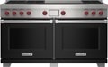 Wolf 60" 6 Burner Dual Fuel Range with French Top (DF60650F/BK/P) featuring black accent colored door and signature red Wolf knobs.
