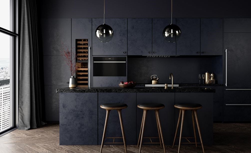 Horno de vapor con convección Wolf Contemporary de la serie M de 30" y estufo de inducción, integrados en un diseño de cocina audaz