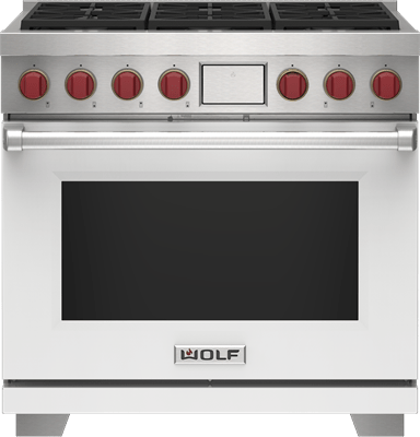 Wolf 36" 6 Burner Dual Fuel Range (DF36650/WH/P) featuring white accent colored door and signature red Wolf knobs.