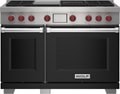 Wolf 48" 4 Burner Dual Fuel Range with Infrared Charbroiler and Griddle (DF48450CG/BK/P) featuring black accent colored door and signature red Wolf knobs.