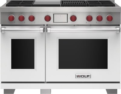 Wolf 48" 4 Burner Dual Fuel Range with Infrared Charbroiler and Griddle (DF48450CG/WH/P) featuring white accent colored door and signature red Wolf knobs.
