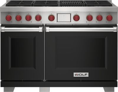 Wolf 48" 6 Burner Dual Fuel Range with Infrared Charbroiler (DF48650C/BK/P) featuring black accent colored door and signature red Wolf knobs.