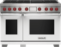 Wolf 48" 6 Burner Dual Fuel Range with Infrared Charbroiler (DF48650C/WH/P) featuring white accent colored door and signature red Wolf knobs.