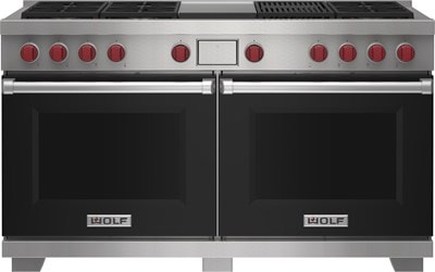 Wolf 60" 6 Burner Dual Fuel Range with Infrared Charbroiler and Griddle (DF60650CG/BK/P) featuring black accent colored door and signature red Wolf knobs.