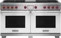 Wolf 60" 6 Burner Dual Fuel Range with Infrared Charbroiler and Griddle (DF60650CG/WH/P) featuring white accent colored door and signature red Wolf knobs.