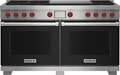 Wolf 60" 6 Burner Dual Fuel Range with Infrared Dual Griddle (DF60650DG/BK/P) featuring black accent colored door and signature red Wolf knobs.